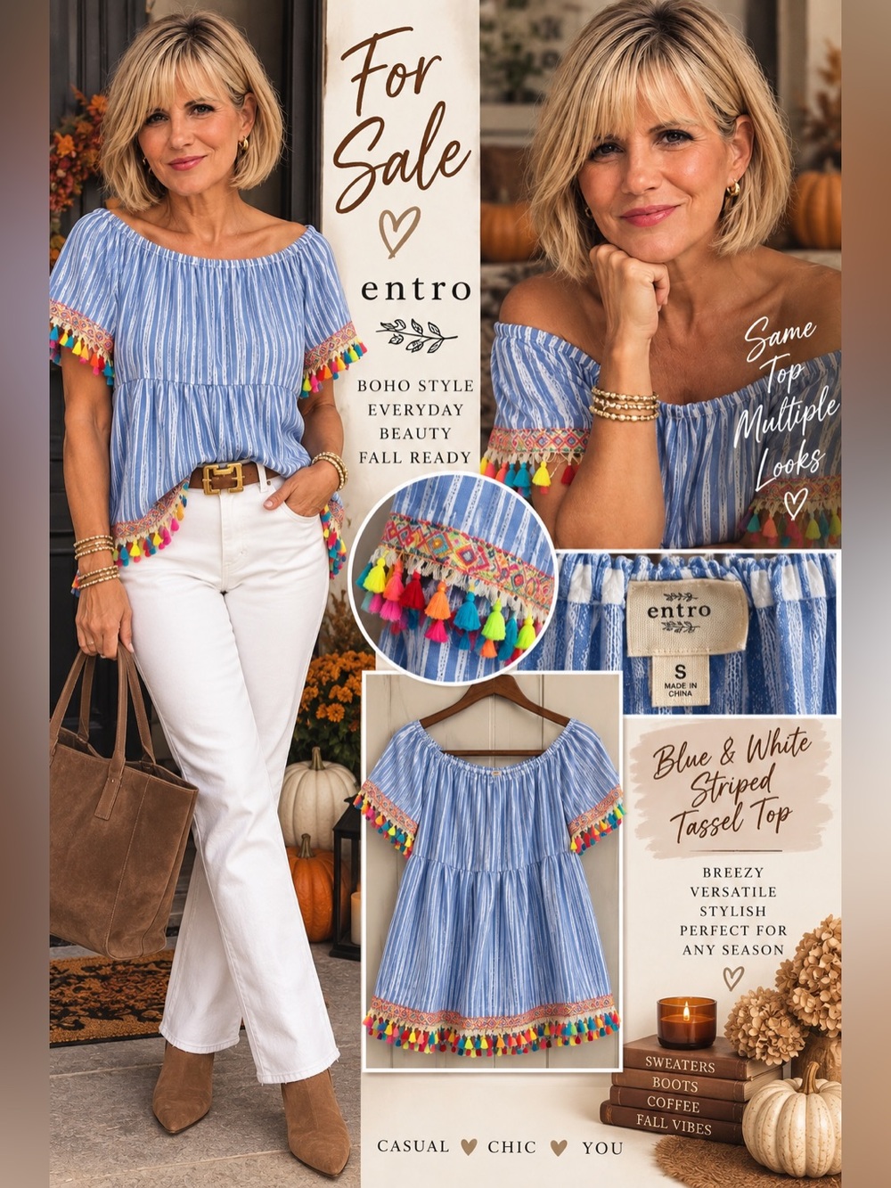Entro Blue & White Striped Off-Shoulder Tassel Top NWT Small